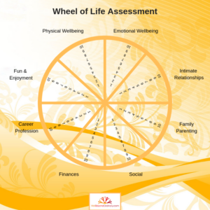 Wheel of Life with sections for social, finances, profession, fun, physical wellbeing, emotional wellbeing, intimate relationships, and family/parenting 